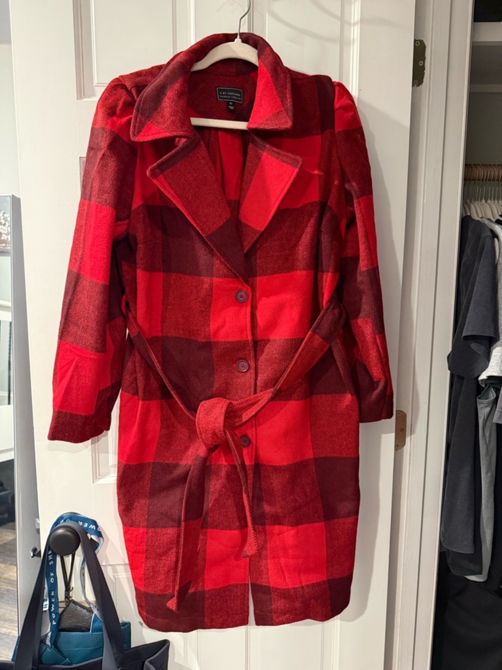 G by Giuliana Red and Dark Red Plaid Belted Trench Coat